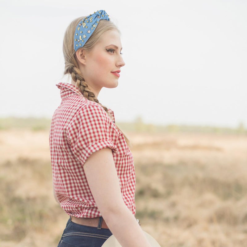 YARIEW Western Cowgirl Headbands for Women - Rhinestone Jeweled Knotted Top Knot Headband for Women Hair Accessories for for Cowgirl Cowboy Western Accessories (Blue) - Image 3